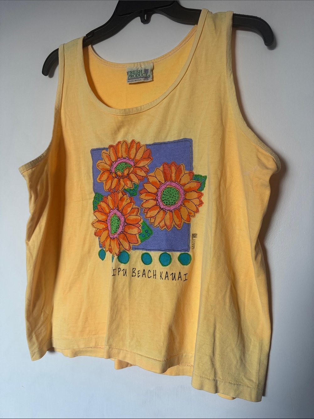 VTG fresh produce Yellow Tank Top with Sunflower Poipu Beach Kauai Graphic